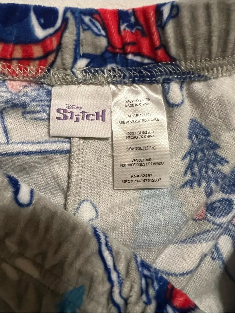 Stitch Winter Pajama Bottoms Size Large- Gray/Blue/Red - Picture 2 of 2